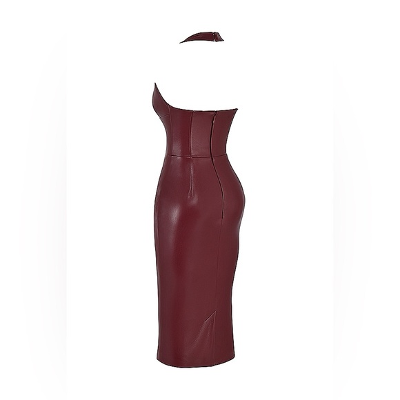 HOUSE OF CB “JAQUETTA” WINE VEGAN LEATHER MIDI DRESS - Picture 11 of 16